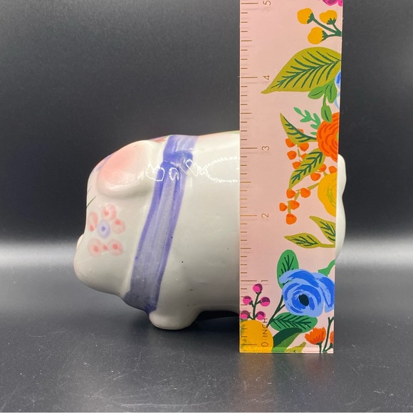 Vintage Ceramic Pig Piggy Bank Hand Painted Purple Pink Flowers And Bow - Picture 10 of 10